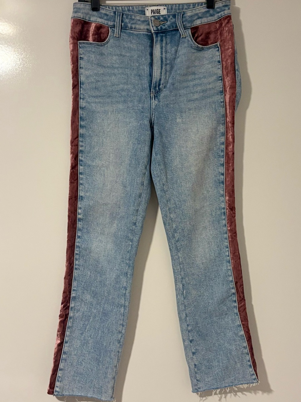 PAIGE Cindy Jeans 30 Indigo Velvet Rose High Rise Raw Hem Side Stripe